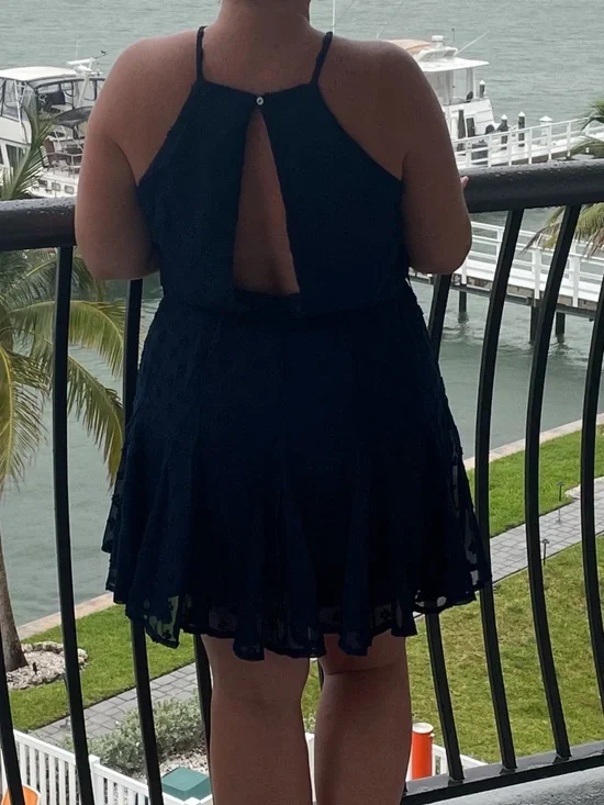 Navy Halter Textured Mini Dress - Picture 2 of 3